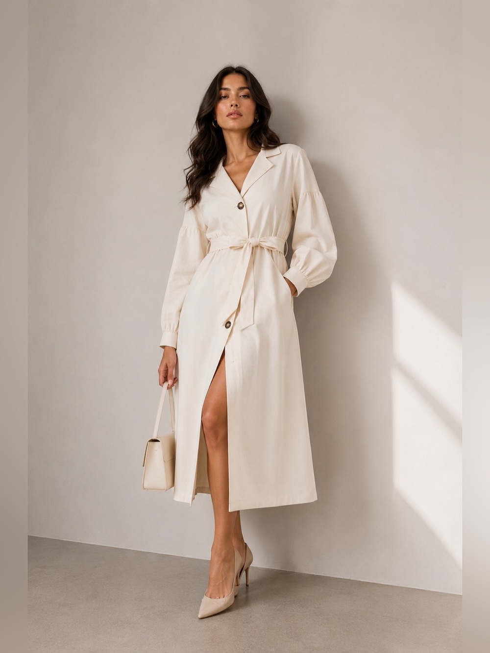 Blogger favorite Beige Button Front Shirt Dress Long Sleeve Tie Waist Midi Dress